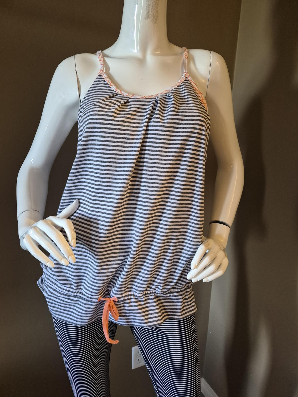 Striped Gray and White Spaghetti-Strap Tank Top with Built-In Coral Bra